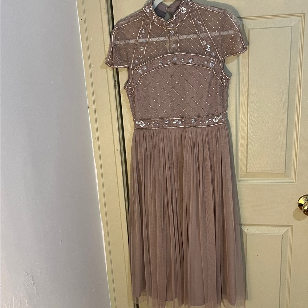 ASOS Taupe Embellished Mesh Dress